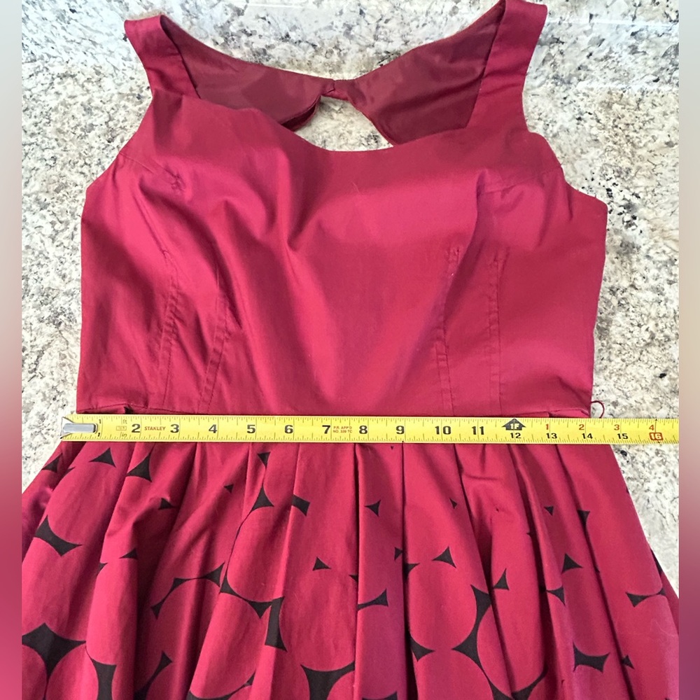 Lauren Conrad Burgundy Black Dots Bow Back Pleated Fit n Flare Dress Size 10 - Picture 14 of 16